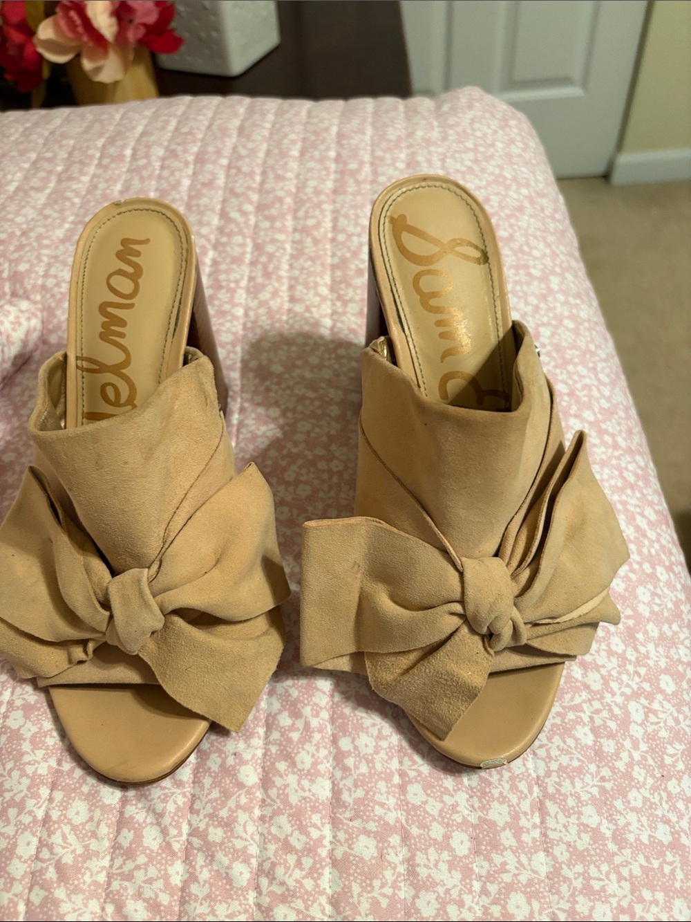 Sam Edelman Tan Suede Bow Mule Heels